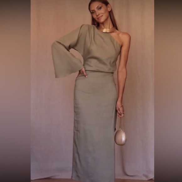 Zara Khaki Asymmetric Linen Blend Midi Dress - Picture 7 of 7